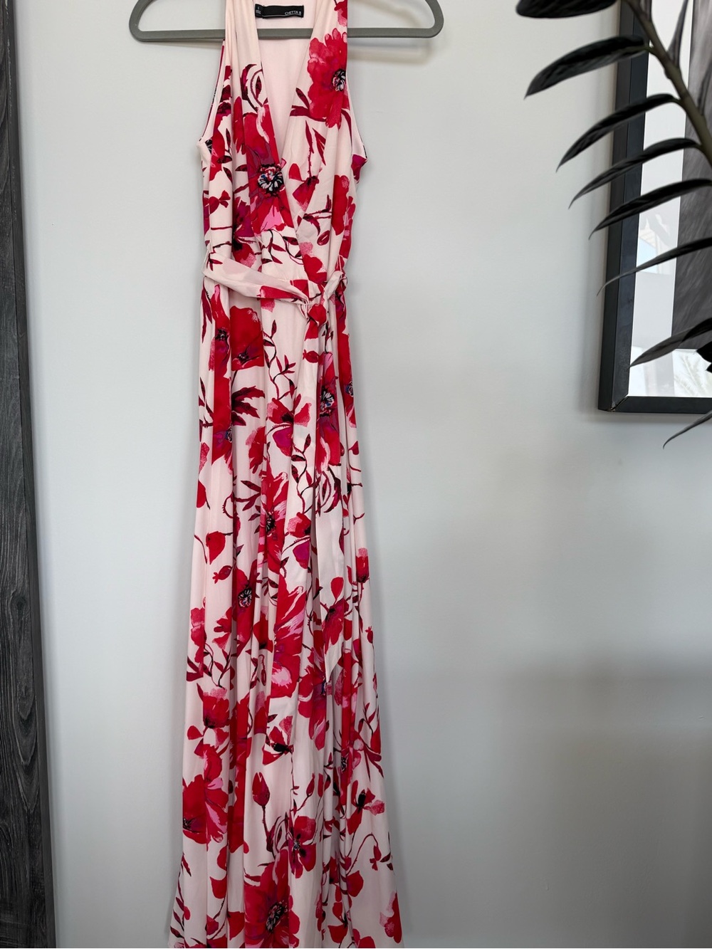 Chetta B Pale Pink Maxi Dress with Red-rose Floral Print